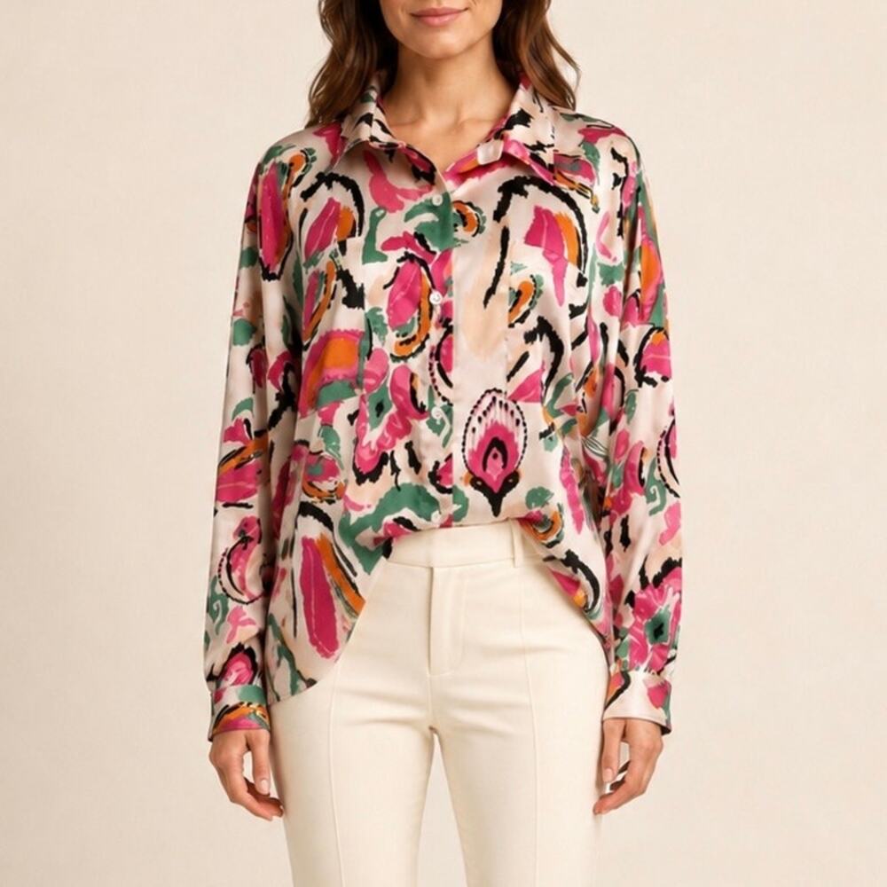 Fate Abstract Paisley Satin Button Down Blouse Pink Green Orange Size Medium - Picture 1 of 10